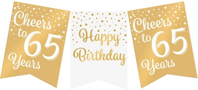 Vlaggenlijn | Set á 3 stuks | Feestvlaggen banner goud wit | met tekst 65 jaar | 6 meter | 10 vlaggen | hoogte 20 cm