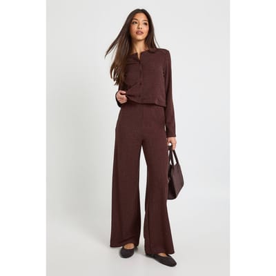 boohoo Dames Boxy top met glitterrib en gouden knopen | Chocolate | Maat: 6