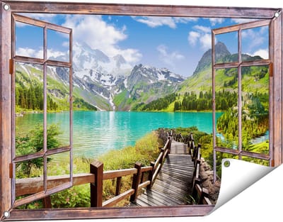 Gards Tuinposter Doorkijk Pad naar een Helder Blauw Meer in de Bergen - 90x60 cm - Tuindoek - Tuindecoratie - Wanddecoratie buiten - Tuinschilderij