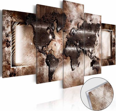Afbeelding op acrylglas - Platinum Map , wereldkaart, Bruin, 5luik