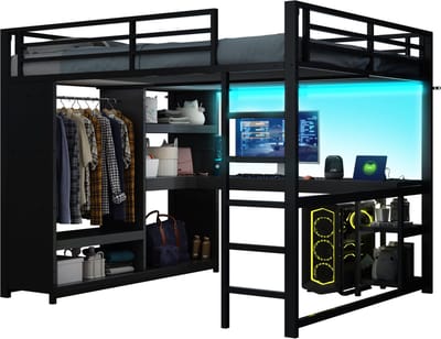 REDOM Hoogslaper – Met bureau – Met LED-verlichting – Met open kledingrek – Met opbergvakken – Metaal – Zwart – 160 x 200 cm