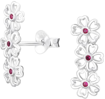 Joy|S - Zilveren bloem oorbellen - 3 bloemen met hartjes blad - zilver met rode zirkonia - 16.5 mm x 6.5 mm - oorknoppen