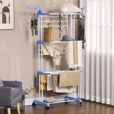MODFU Droogrek 73x64x177 cm van staal, verrijdbaar met 4 niveaus en remmen, blauw
