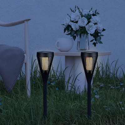 Solar tuinverlichting priklamp 'Norah' - Set van 2 stuks - Met vlameffect - Extra warm wit licht (1900K) - 12 lumen - Fakkellamp - Zwart