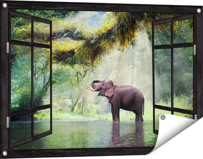 Gards Tuinposter Doorkijk Vrolijke Olifant in het Water - 90x60 cm - Tuindoek - Tuindecoratie - Wanddecoratie buiten - Tuinschilderij