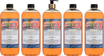 Body & Hair Sweet Orange & Cedarwood 1 liter met gouden pomp - set van 5 stuks - 2 in 1 voor lichaam en haar - voordeelverpakking