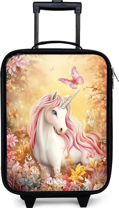 NoBoringSuitcases.com® - Kinderkoffer jongen - Kindertrolley meisje - Eenhoorn - Vlinder - Roze - Manen - Koffer kind lichtgewicht - Reiskoffer trolley voor kinderen - Koffertje met lichtgevende wieltjes - Rolkoffer zwart