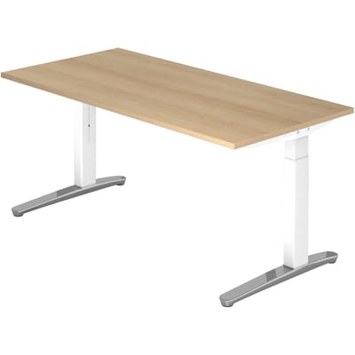 Bureautafel TOPAS LINE, handmatig in hoogte verstelbaar, B 1600 mm, eik/wit/aluminium gepolijst