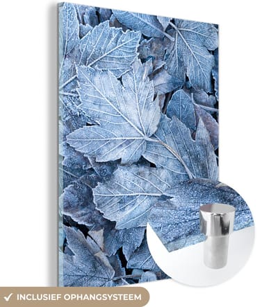 MuchoWow® Glasschilderij 120x160 cm - Schilderij acrylglas - Winter - Bladeren - IJs - Seizoenen - Foto op glas - Schilderijen