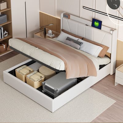 Modern hydraulisch gestoffeerd bed met opbergruimte, tweepersoonsbedframe met USB-aansluiting, Beige linnen stof, 140x200cm, zonder matras (verzonden in 2 pakketten)