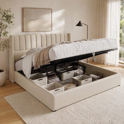 OKWISH Tweepersoonsbedden 140x200 cm - Opbergbed Met Hydraulische Mechanisme En Lattenbodem - Gestoffeerd Bed Voor Slaapkamer Opbergruimte - Linnen - Beige
