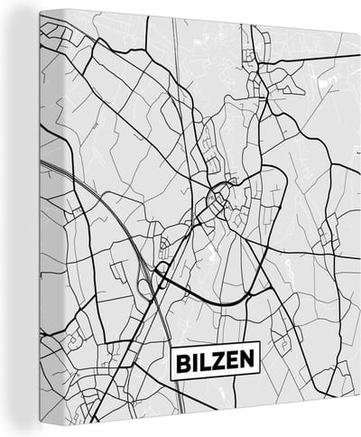 Canvas Schilderij Plattegrond – Bilzen – Zwart Wit – Stadskaart - Kaart - 20x20 cm - Wanddecoratie