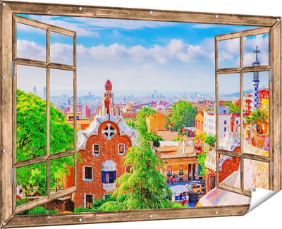 Gards Tuinposter Doorkijk Park Güell in Barcelona - Kleurrijk - 180x120 cm - Tuindoek - Tuindecoratie - Wanddecoratie buiten - Tuinschilderij
