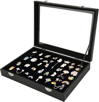 Pin Display Case met Slot, Badge Opbergdoos met Transparante Glazen Deksel, Collectie Frame voor Broches en Sieradenopslag, M