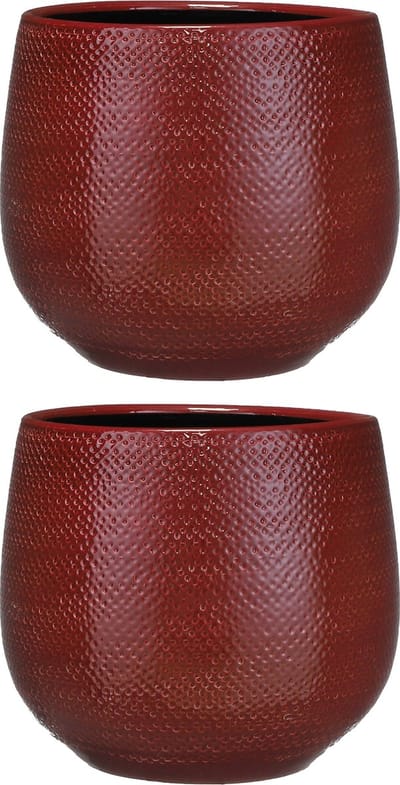 2x mica decorations bloempot - bordeaux rood- ribbel - keramiek - 25 x 20 cm