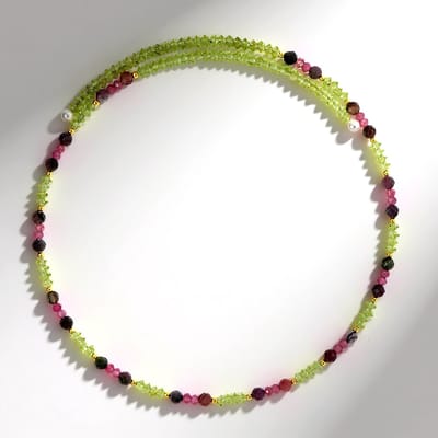 Cavill - Stoere Stalen Halsband met Toermalijnen 47 ct uit Madagaskar & Nigeria - Witte Zoetwaterparels & Peridots - Luxe Meerrijige Ketting