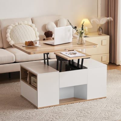 STILVORA Salontafel - Verstelbaar Met 2-in-1 Klapbaar Tafelblad - 2 Laden En Opbergruimte Met Deur - Spaanplaat - 100x51x47 cm - Wit+Lichtbruin - Multifunctioneel Voor Woonkamer En Kantoor
