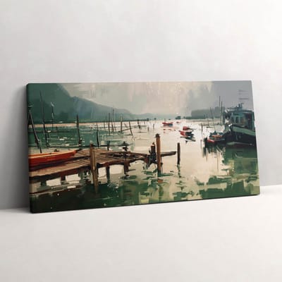Wallfluent Foto Op Canvas Digitale illustratie van vissersboten in de haven - 100 x 50 cm - Groente Schilderij Canvas - Landschappen Canvas Foto - Imitatie van een olieverfschilderij Print Op Doek - Kunst Schilderijen Op Canvas Doek