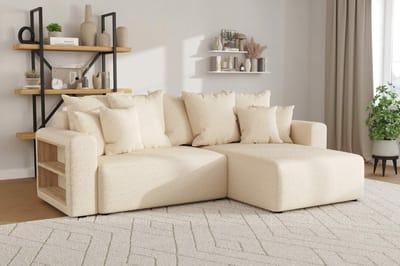 hoekbank cuddle bouclé beige - Hoeksalon teddystof lounge universeel links of rechts - met opbergruimte en slaapfunctie- zetelsenbedden