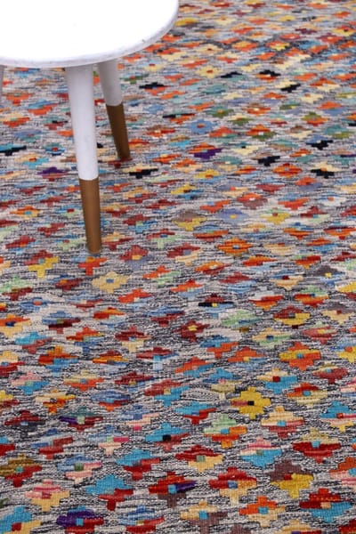 Kleurrijk Tapijt Laagpolig Handgeweven Wollen Vloerkleed - Koho Afghan Kelim 243x177 - 243x177cm- Modern - Woonkamer - Salon - Slaapkamer - Eetkamer