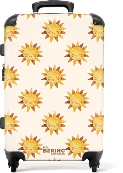NoBoringSuitcases.com® - Kinderkoffer - Kindertrolley jongen en meisje - Zonnetjes als patroon op beige achtergrond - Koffer kind groot - Rolkoffer lichtgewicht - Reiskoffer met 4 wielen - Grote trolley XL - 20 kg bagage