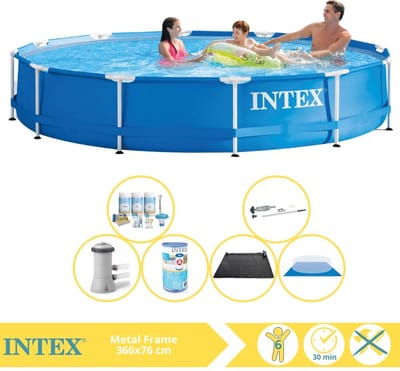 Intex Rond Frame Zwembad - 366 x 76 cm - Blauw - Inclusief Onderhoudspakket - Zwembadfilterpomp - Filter - Grondzeil - Stofzuiger - Solar Mat - 7-delig