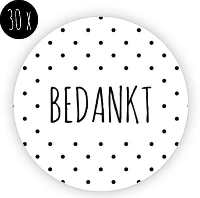 30x Stickers / sluitstickers / sluitzegels| BEDANKT | ronde sticker | stippen | wit & zwart | 35 mm