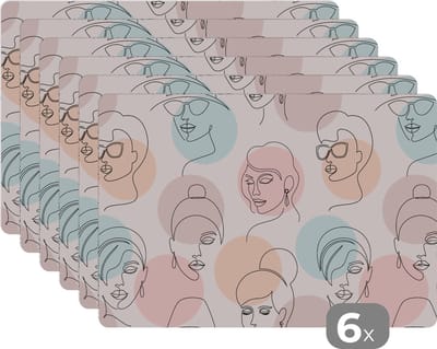 Placemat - Placemats kunststof - Vrouwen - Pastel - Line Art - Patronen - 45x30 cm - 6 stuks - Hittebestendig - Anti-Slip - Onderlegger - Afneembaar