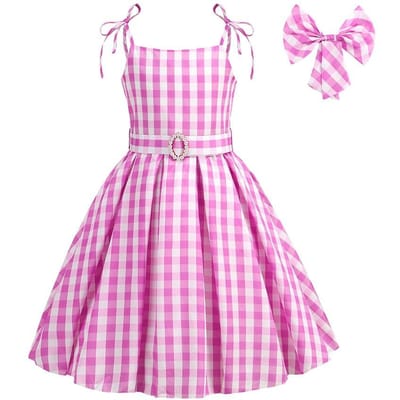 Robe d'été pour bébé fille rose mignonne sans manches à carreaux fines bretelles look cowboy ensemble robe rayée avec ceinture 3T(TAG 110)