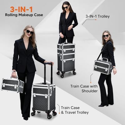 Grote Mobiele Make-upkoffer 3-in-1 Trolley met Wielen voor Professionals