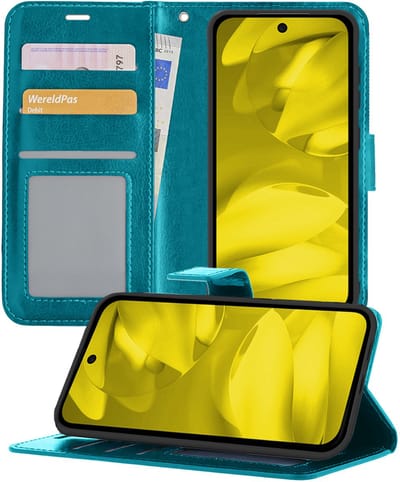 Hoesje - Met Pasjeshouder - Geschikt voor Google Pixel 9a - Luxe Bookcase Portemonee - Flip Case - Kunstleer Book Case - Flipcase - Book Cover - Walletcase - Portemonneehoes - Telefoonhoesjes - Turquoise