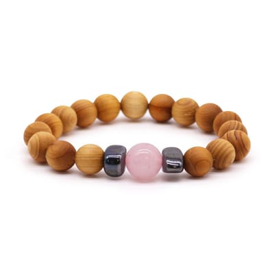 Cederhouten Hartchakra Armband met Rozenkwarts – Handgemaakt – 7 cm