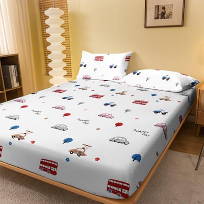 1 Cartoon Leuke Auto Bedrukt Mat Hoeslaken, Slaapkamer Bedrukt Bedovertrek, Beddengoed (Exclusief kussenslopen) 100x200cm beige