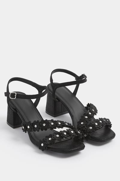Yours Black Shimmer Floral Block Heelsandalen In Extra Wide Eee Pasvormsize 37EEE