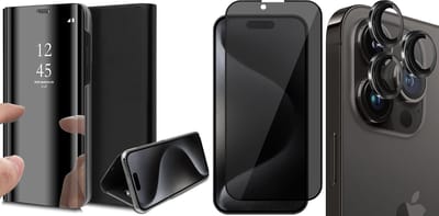 Hoesje geschikt voor iPhone 15 Pro - Privacy Screenprotector FullGuard & Camera Lens Screen Protector Zwart - Book Case Spiegel Zwart