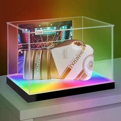 Presentatievitrine voor bokshandschoenen met LED-verlichting en UV-bescherming, acryl vitrine voor gesigneerde handschoenen met fotohouder