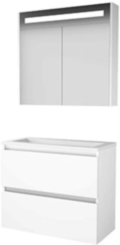 Basic-Line Premium 39 Badkamermeubelset - Ondiep - 80 x 39 cm - Greeploos - 2 Lades - Acryl Wastafel - 1 Kraangat - Spiegelkast met LED Verlichting - Ice White