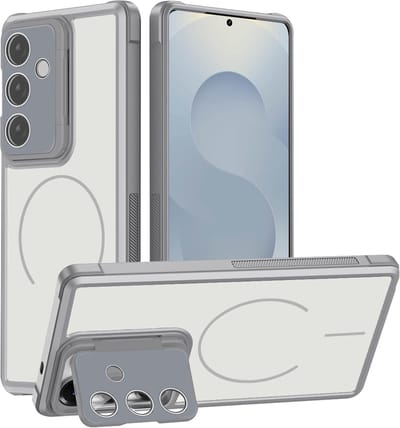 Hoesje Geschikt voor Samsung Galaxy S26 - Grijs - Casemania Magnetische Matte Armor Back Cover met Camera Shield Kickstand - Telefoonhoesje Geschikt voor MagSafe met Camera Bescherming