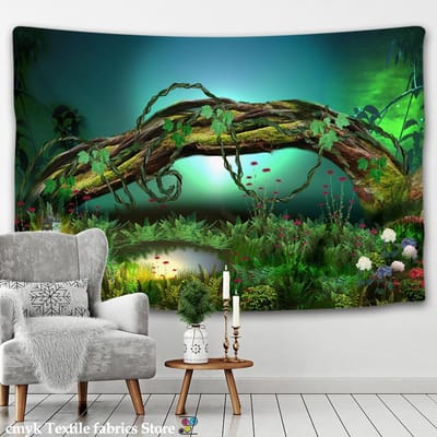 Natuur Bos Wandkleed Muurhanger Psychedelische Bomen Stoffen Wandkleed Huisdecoratie Polyester Tafelkleed Zonsondergang Golven Wandkleed 95x70CM blue