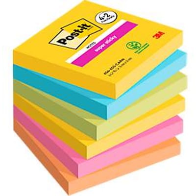 Post-it Super Sticky sticky notes Carnaval 76 x 76 mm, dubbele kleefkracht, herpositioneerbaar & verwijderbaar zonder lijmresten, PEFC, voordeelverpakking 4+2 pads