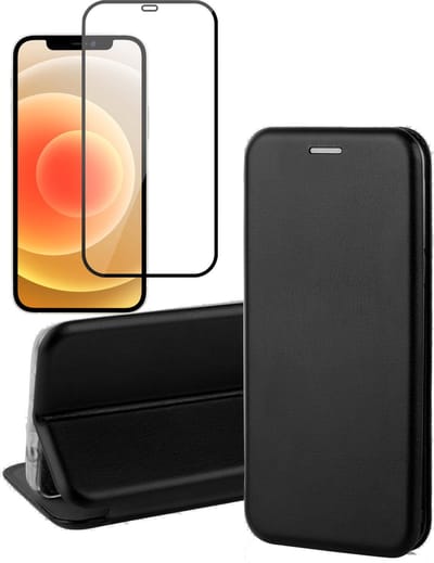 Hoesje geschikt voor iPhone 12 mini - Book Case Cover Hoes Kunstleer Wallet Zwart - 1x Screenprotector glas screen protector full screen