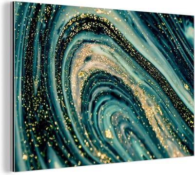 Wanddecoratie Metaal - Aluminium Schilderij Industrieel - Marmerlook - Luxe - Goud - Turquoise - Glitter - 180x120 cm - Dibond - Foto op aluminium - Industriële muurdecoratie - Voor de woonkamer/slaapkamer