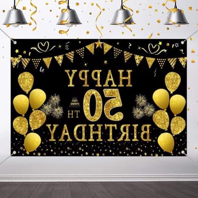 Verjaardag Banner - 50 Jaar Decoratie - Feest Achtergrond - Duurzaam Vinyl Materiaal - 150x90cm - Zwart Goud
