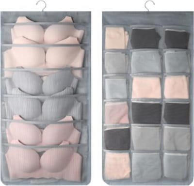Flexigood - Grijze dubbelzijdige ondergoed organizer voor kledingkast - opberger voor kledingkast met hangers - 24 vaks opberger voor kast BH en ondergoed - Ruimte besparende hangers voor kast