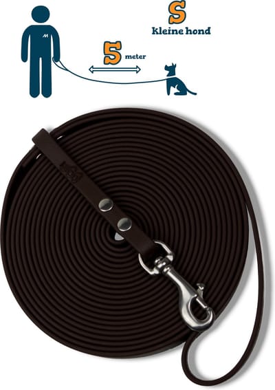 Miqdi lange lijn - BioThane – donkerbruin - 5 meter lang – 9mm breed – XS/S – kleine hond – lange hondenriem