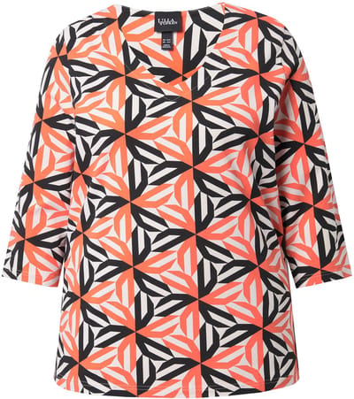 Ulla Popken - Dames - Shirt grafische print Classic V-hals 3/4-mouwen - Koraal - Maat 46+