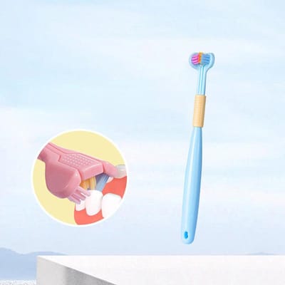 Bébé soins de santé bucco-dentaire enfants 360 ° dents propres brosse propre trois côtés couleur bonbon brosse à dents douce enfants soins dentaires 3-12Y bleu