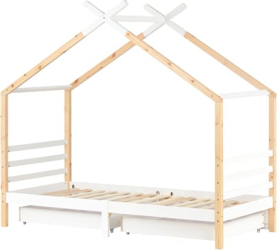 Kinderbed - Huisbed - Houten Kinderbed - Massief Hout - Lattenbodem - Huisvormig Dak - Opberglades - Kinderkamer - 90x200 cm - 1-Persoons - Wit En Houtkleur