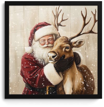 Poster in lijst - Fotolijst 40x40 cm - Posters - Kerstman - Rendier - Sneeuw - Kleurrijk - Posterlijst zwart - Decoratie - Wanddecoratie woonkamer - Muurdecoratie slaapkamer - Kerstversiering - Kerstdecoratie voor binnen - Kerstmis