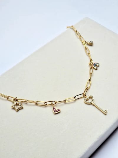 Schakelketting met bedels - Paperclip - Stainless Steel - ketting met hanger - Sleutel - hartje - regenboog - ster